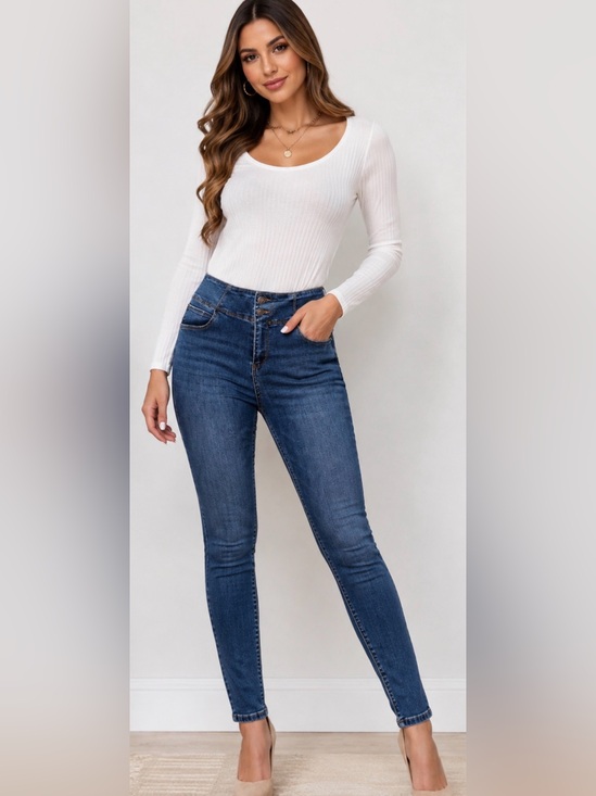 Sfera Denim - Sfera Women’s Stretch Jeans Size 42 / 32 Blue Wash Double Button Skinny Denim